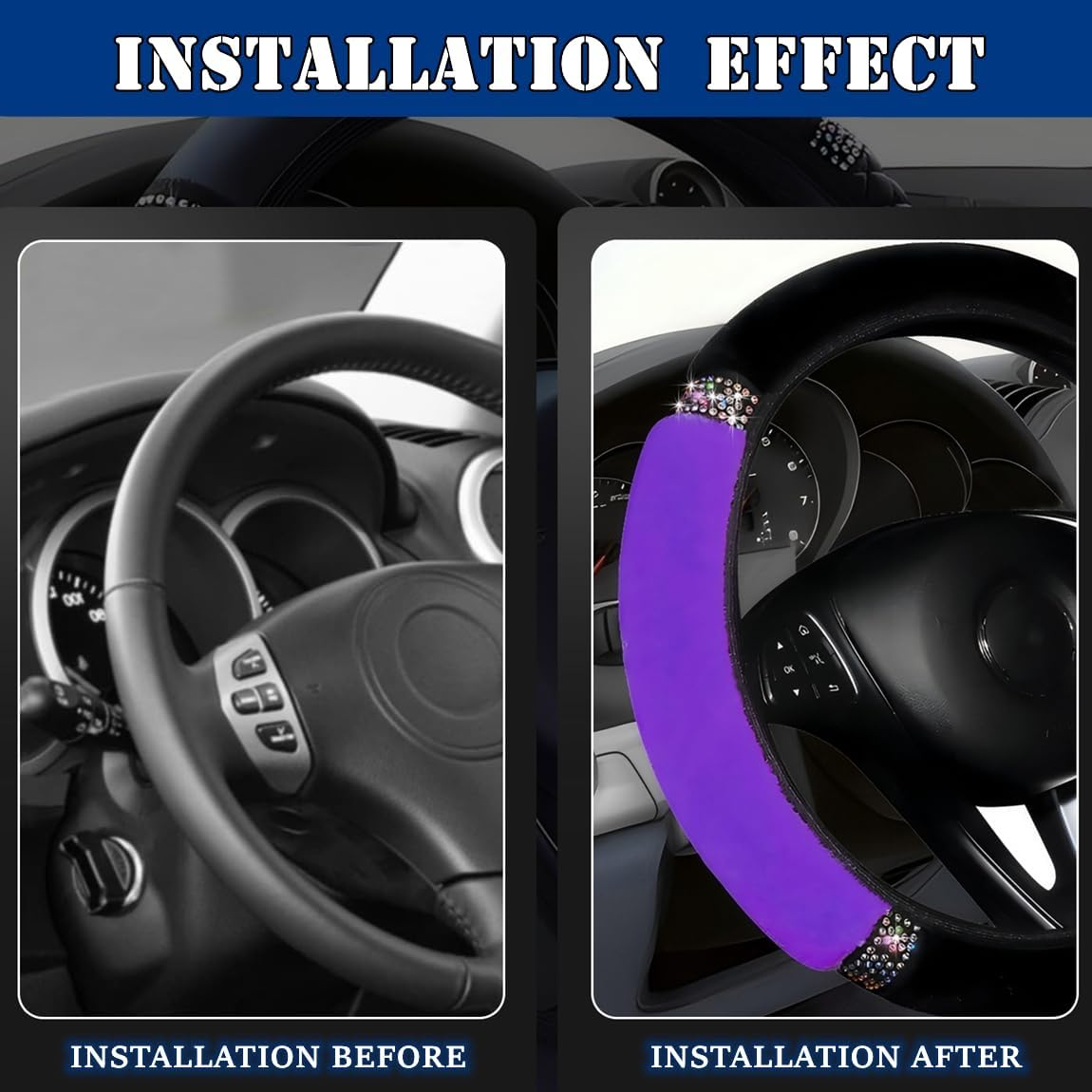 Car Steering Wheel Cover, 15 Inch Colorful Rhinestones Fluffy Steering Wheel Cover for Most Cars, Sparkly Crystal Diamond Steering Wheel Protector for Women Girls,Purple image number 1