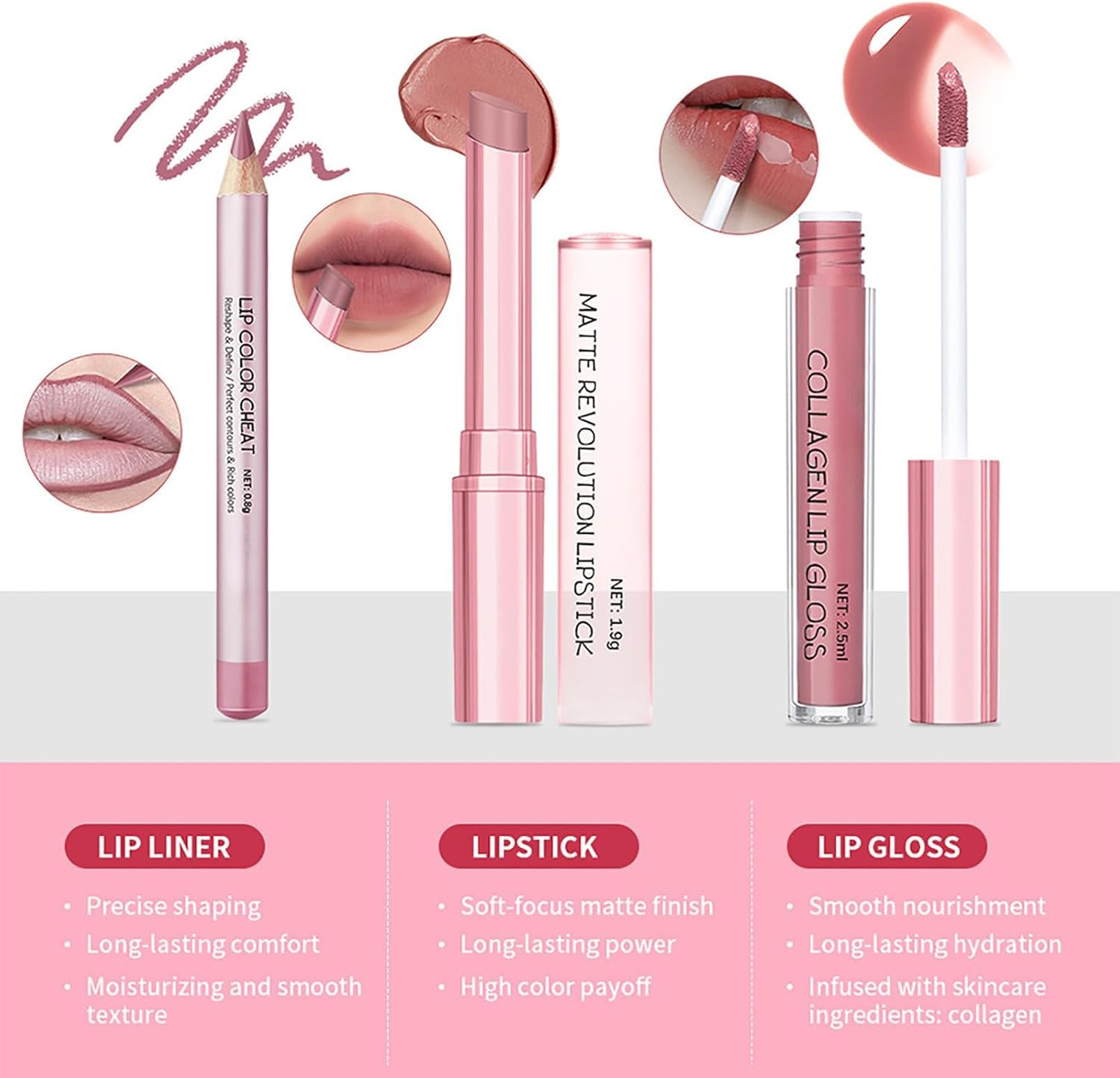 Volume Hack Trio Lip Kit - Lip Liner and Lipstick Combo Set, Long-Lasting, Smudge-Proof, High Pigment Velvet Finish, Hydrating Comfortable Wear (2#) image number 1
