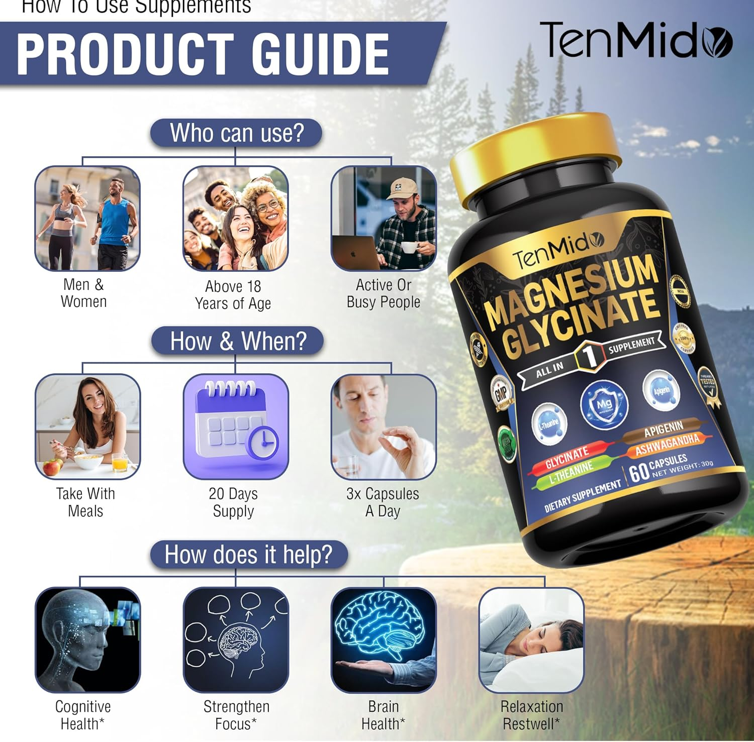 Tenmido Magnesium Glycinate Supplements - 4In1 with L-Theanine, Ashwagandha, and Apigenin - 60 Vegan & Non-Gmo Capsules image number 2