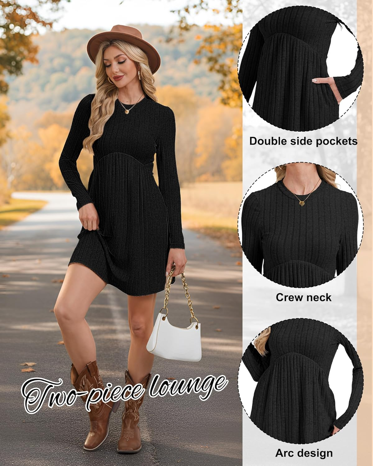 2 Pack Women Maternity Knit Sweater Dress Long Sleeve Casual Pregnancy Midi Dress Crew Neck Pleated Empire Waist image number 3