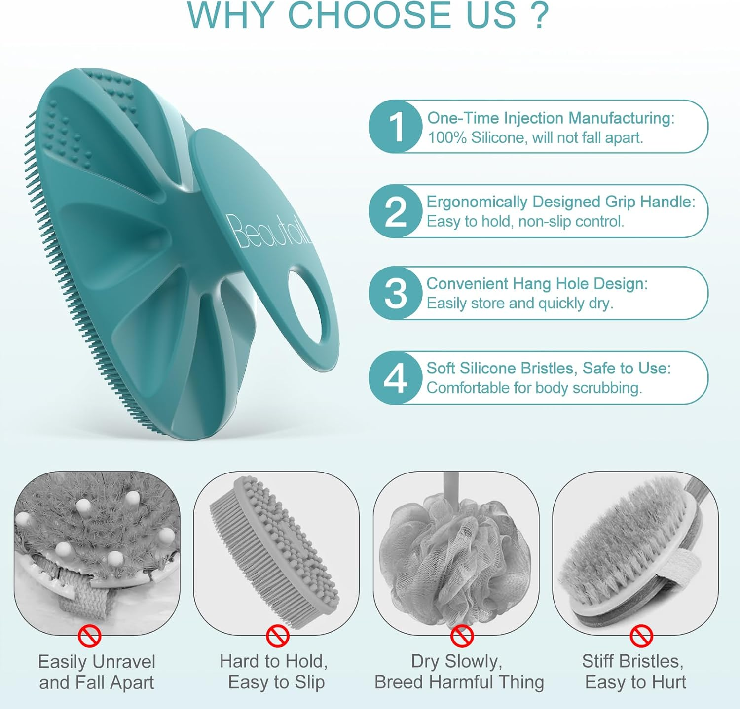 Silicone Body Scrubber 2 Pack, Shower Bath Wash Brush Gentle Exfoliating Scrub Cleansing Loofah for Women Men Baby Sensitive Skin, Easy to Clean, Lather Nicely, More Hygienic, Black+Cyan - Black image number 5