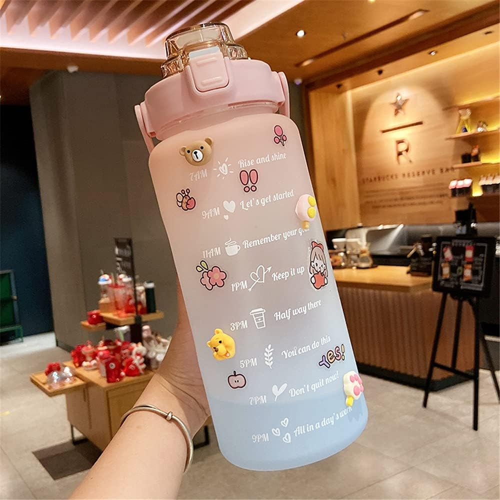 2L Sports Water Bottle Large Capacity Straw Time Motivational Fitness Jugs (Pink) - Purple image number 3