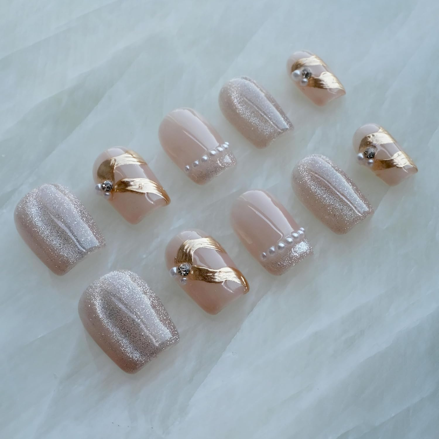 [GLORS] Purely Handmade Press on Nails | Elegant French Pink Pearl Gold Fake False Nail | Salon Quality in Short Square Shape, 10 Pieces (Small, SS) image number 2