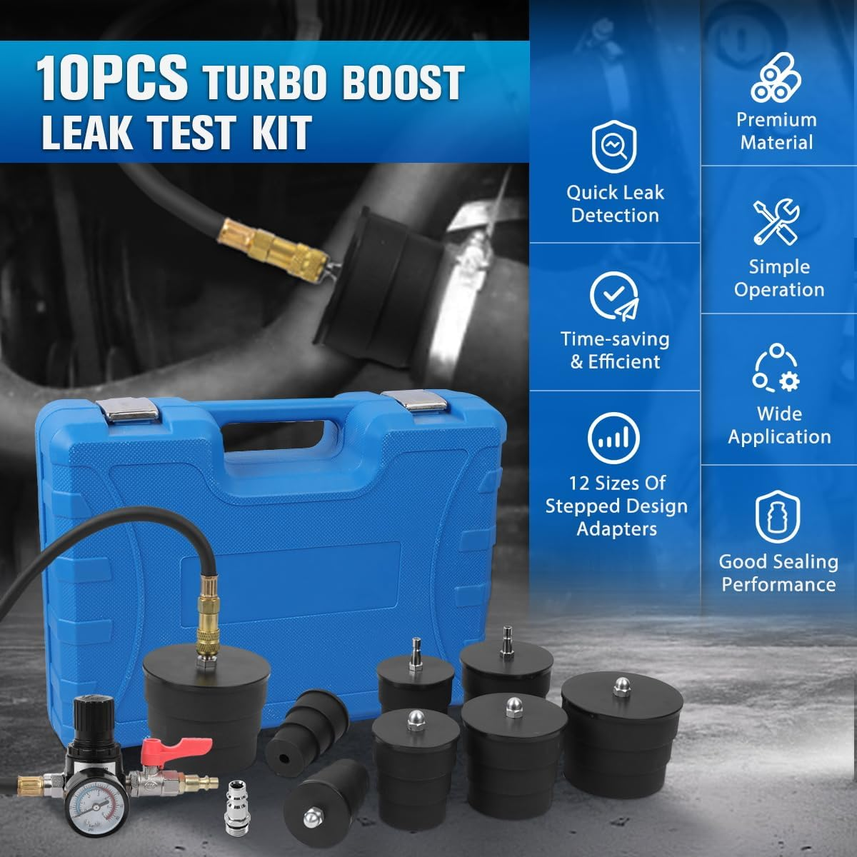 Turbo Boost Leak Tester Kit 10PC Boost Leak Tester Automotive Well-Sealed Turbo/Emission/Cooling System Pressure Leakage Tester with 4 Pairs of Stepped Adapters 1-3/8" to 3-1/2", US & EU Air Fitting image number 2