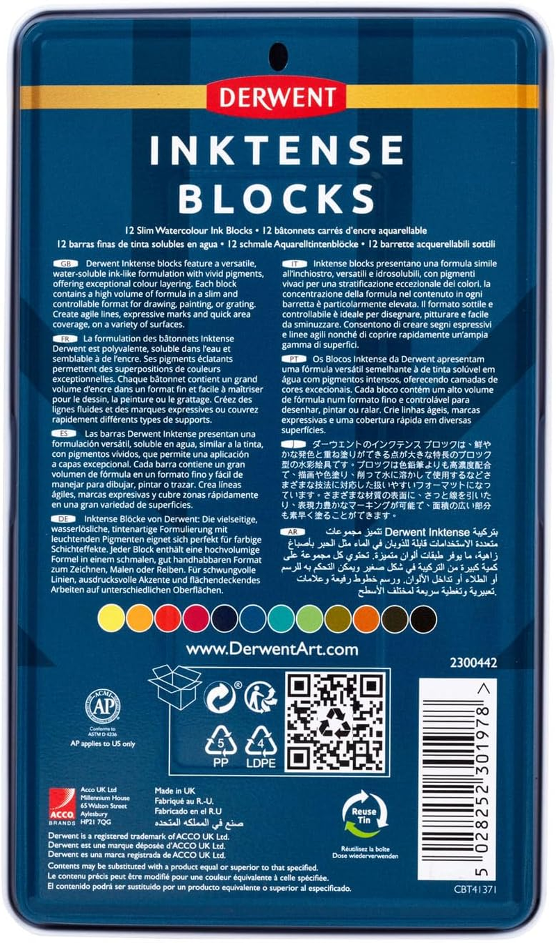 Derwent Inktense Blocks 12 Tin, Set of 12 Water-Colours, 8Mm Block, Water-Soluble, Ideal for Drawing, Colouring, Crafts & Painting on Paper & Fabric, Professional Quality (2300442) image number 4