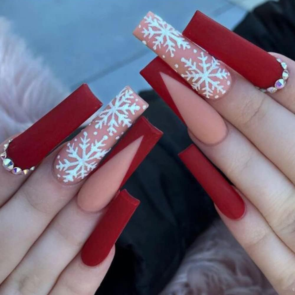 Snowflake Press on Nails Long Christmas Red Fake Nails Square Matte False Nails with Rhinestones for Christmas Nail Decorations Artificial Ballerina Press on Nails for Women Girls 24Pcs image number 2