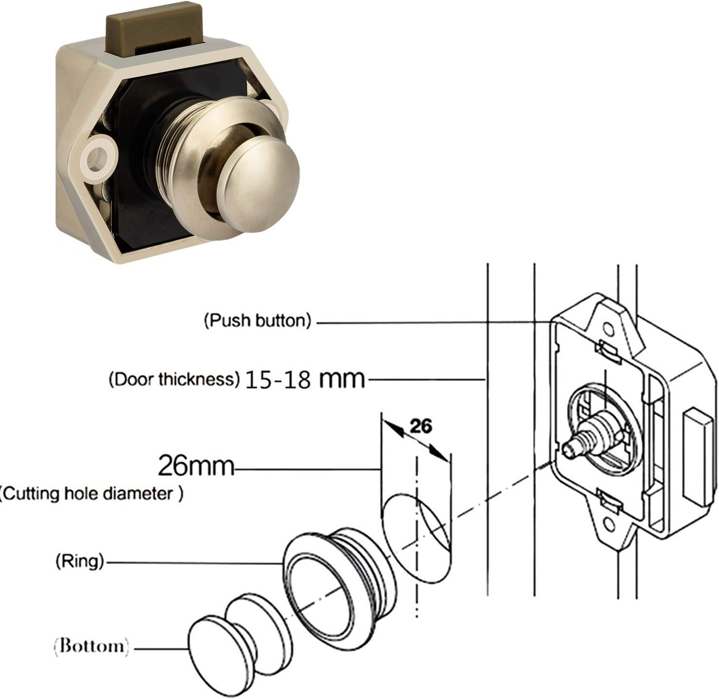 OCGIG 10Pcs RV Cabinet Mini Push Button Latch Locks Catch Door Knobs Gold for RV Caravan Cupboard Handle Nickel Plated - Gold image number 5