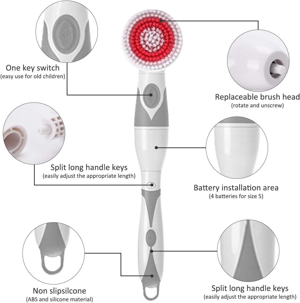 Electric Body Brush, Long Handled Body Scrubber with 4 Brush Heads, Waterproof Soft Silicone Exfoliating Spin Brush Massage Bath Brush, Battery Powered Back Shower Brush & Facial Cleansing Brush image number 3