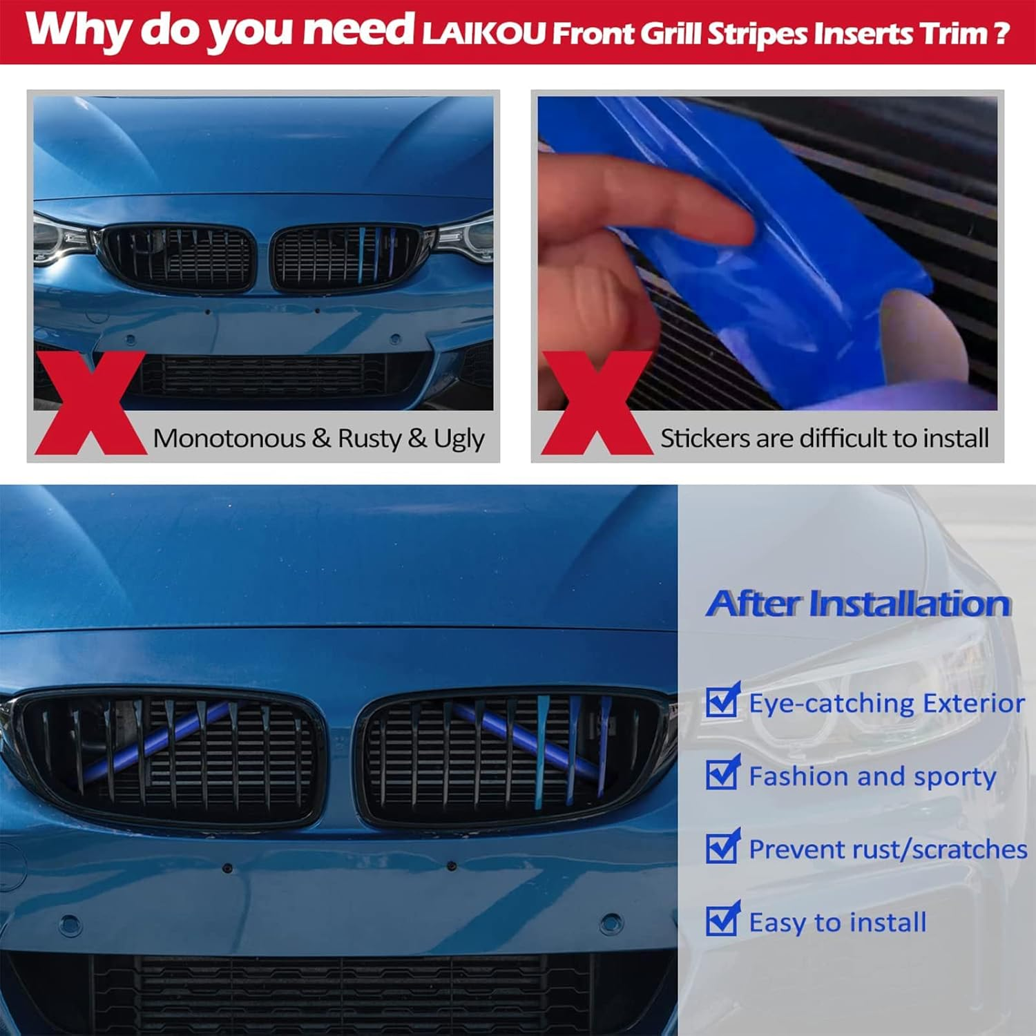 Grill Stripes for BMW 1 3 4 5 7 Series Accessories F20 F21 F22 F30 F31 F35 G11 G12 G14 G30 G31 Grille Insert Trim Covers (Blue) - Red image number 5