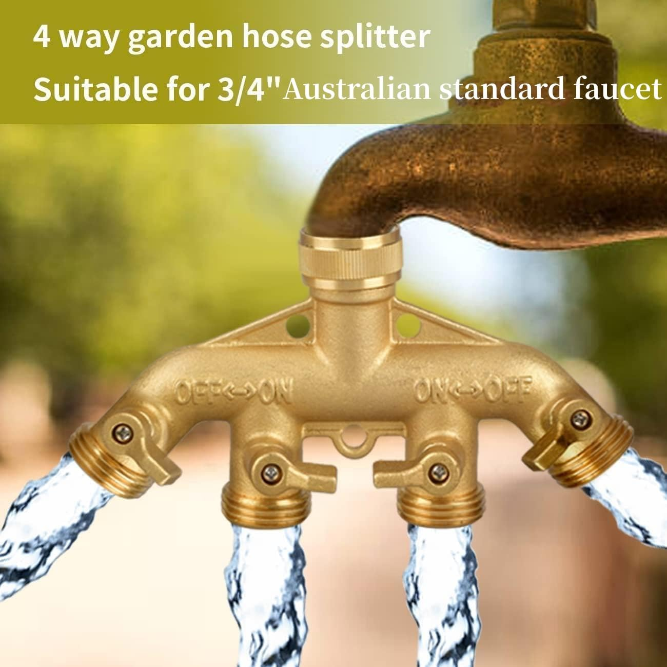 Garden Hose Splitter 4 Way, 3/4" Water Splitter with 8 Gaskets and Seal Tapes, 4 Way Independent Valve Heavy Duty Bronze Body Garden Hose Connector for Gardens, Home Life, Household Use image number 3