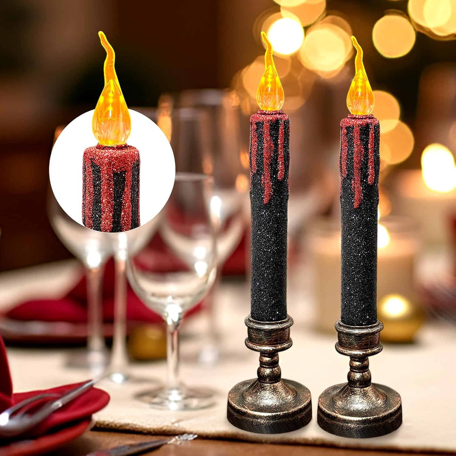 TINYOUTH 2 X 21 Cm Large LED Candles for Halloween, Christmas, Black Glitter Table Candles, Light Batteries Included for Wedding Party, Anniversary, Engagement Decoration