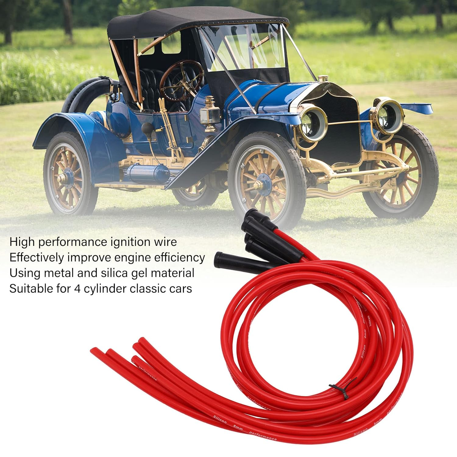 Ignition Wire, Spark Plug Ignition Wire Set 1M Red 8Mm for 4 Cylinder Classic Car image number 2