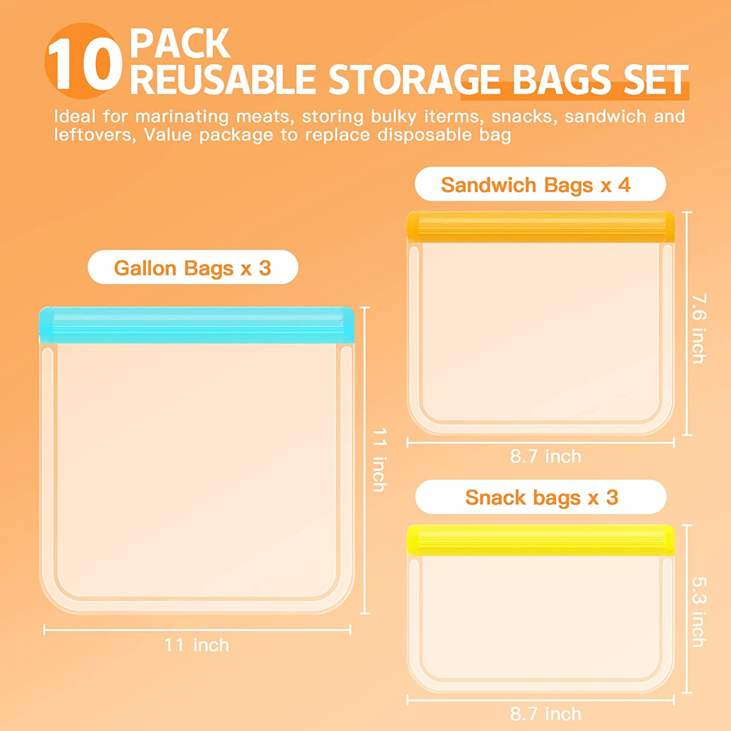 10 Pack Reusable Sandwich Bags, Reusable Silicone Bags Food Storage Bags, Freezer Bag Home Fridge Kitchen Organization and Storage Lunch Meal Prep Sandwich Containers image number 6