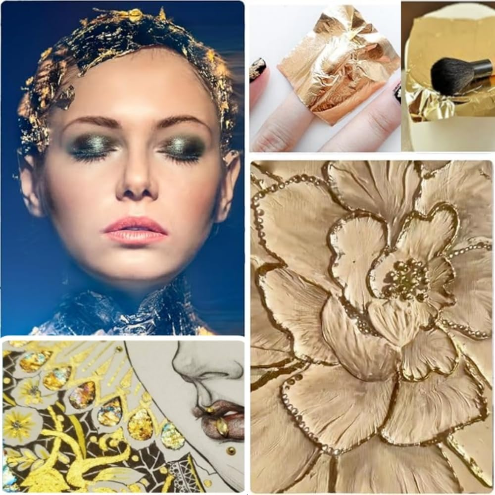 Gold Leaf Sheets for Art, 100 Sheets, Gold/Silver/Rose Gold, with Tweezer for Crafts, Resin, Nails (Rose Gold) - Sliver image number 6