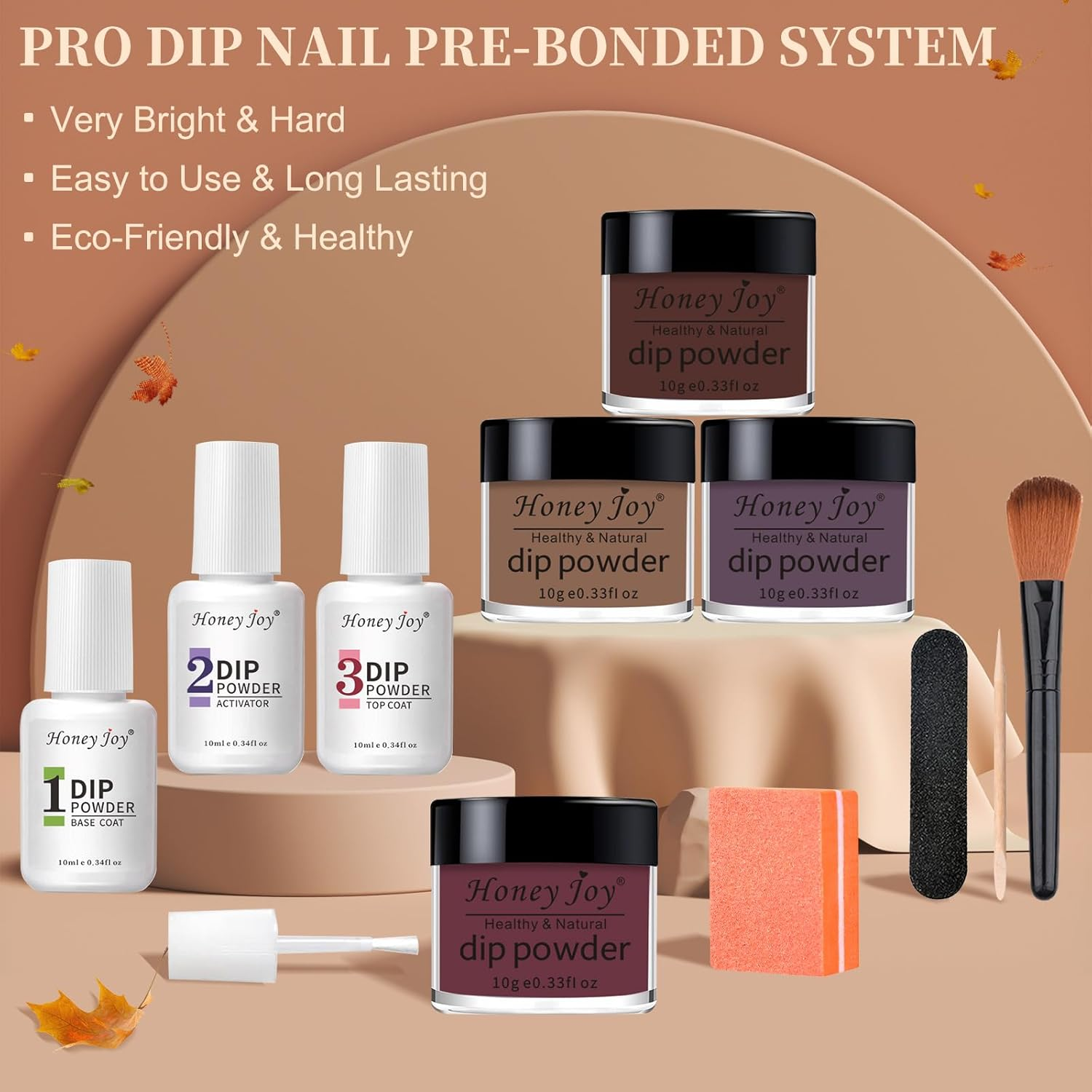 Honey Joy Dip Powder Nail Kit Starter, 4 Colors Fall Dip Powder Colors Nail Kit with Base Top Coat for Nail Art Manicure Salon DIY, Dip-7Pcs-No.18 image number 3
