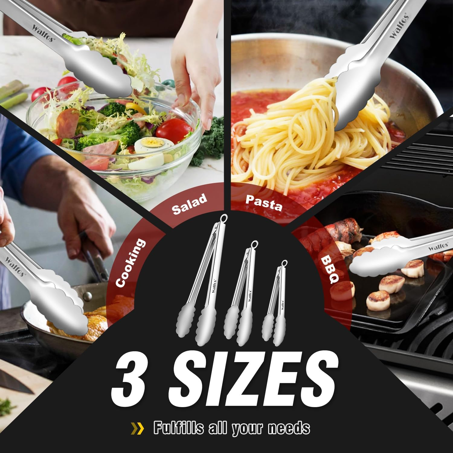 Walfos Stainless Steel Tongs, 3-Piece Set (7", 9", 12") - Heavy Duty, Heat Resistant, Non-Slip Grip, BBQ Grilling & Cooking Tongs