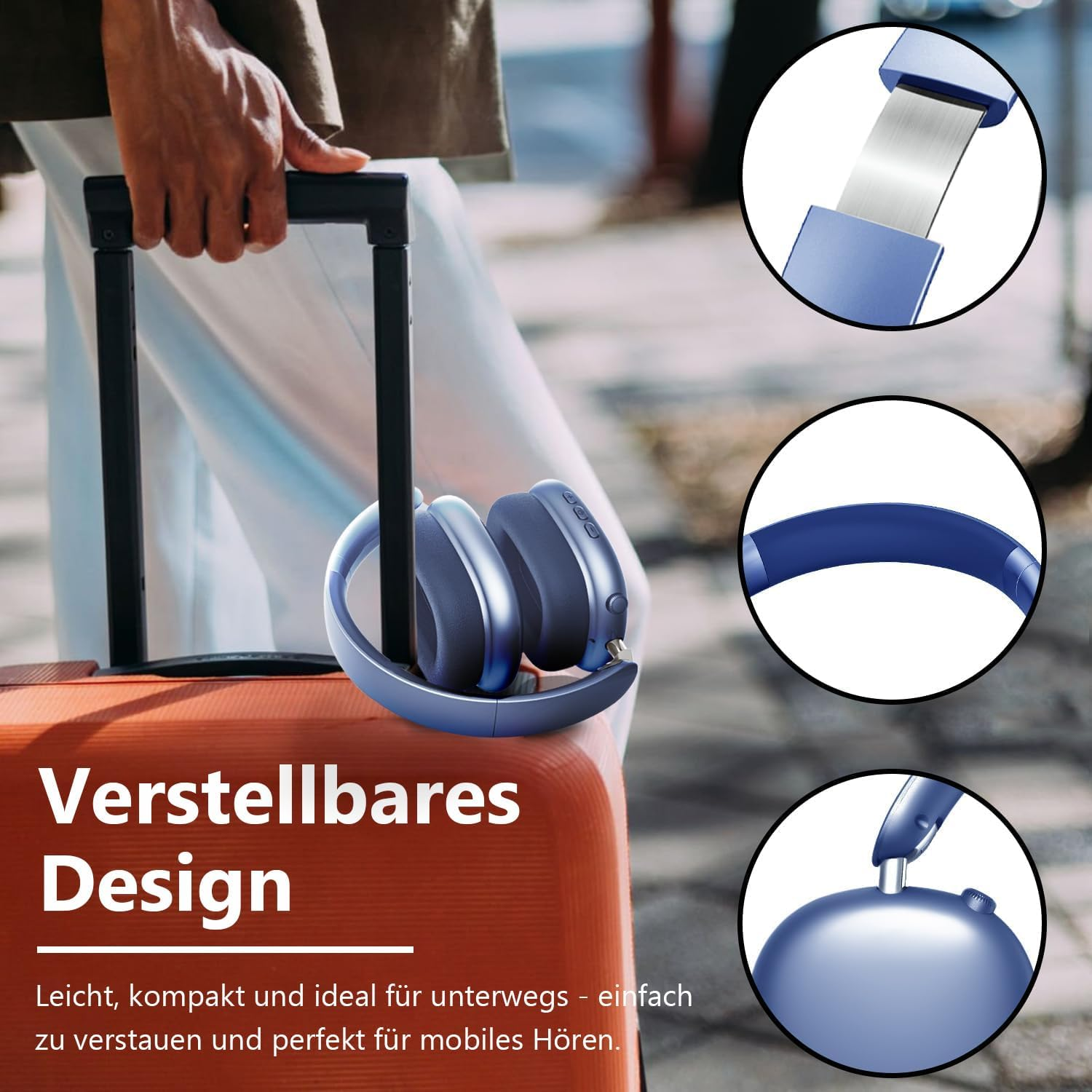 Wentronic Y01 Noise Cancelling Headphones, Wireless Over-Ear Headphones, Bluetooth 5.3, Hi-Res Sound, 48H Playback, Foldable with Microphone for Ios/Android/Pc - Blue image number 1