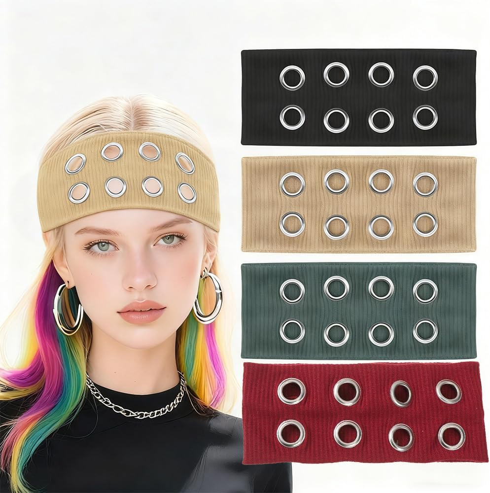4PCS Women&rsquo;S Cutout Eyelet Elastic Headband Set &ndash; Y2K Wide Hairband for Punk, Rock, Boho Style (Black, Ocean Green, Camel, Wine Red) image number 4