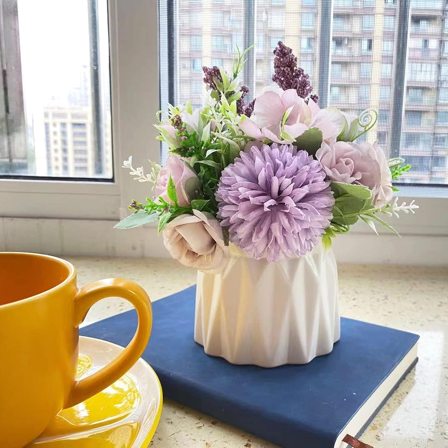 Hbluefat Fake Flowers in Vase, Small Artificial Silk Flowers with Ceramic Vase, Faux Flower Hydrangea Arrangement for Home Office, Coffee Dining Table Centerpiece Decor (Purple) - Pink image number 4