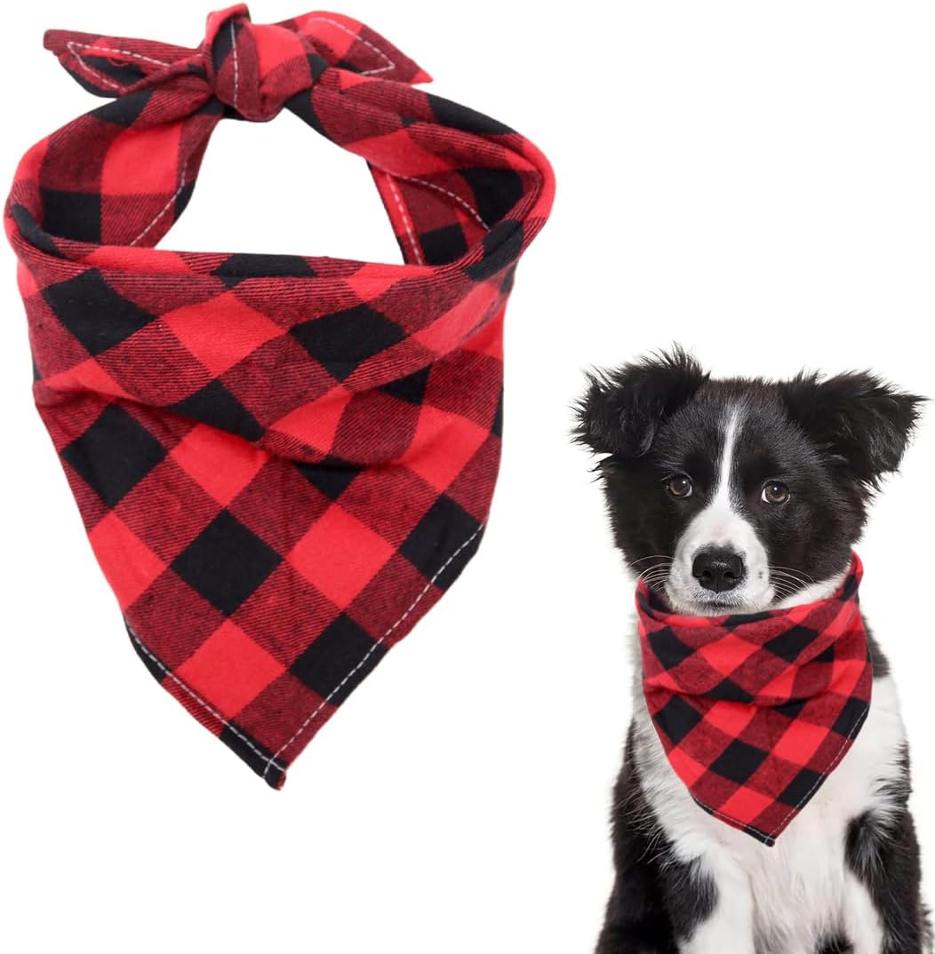 Dog Neckerchief, Cotton Plaid Pet Bandana, Washable Pet Bandana, Triangle Bib, Puppy Neckerchief, Dog Triangular Scarf, Adjustable, for Small, Medium, Large Dogs Pets, Red and Black image number 5