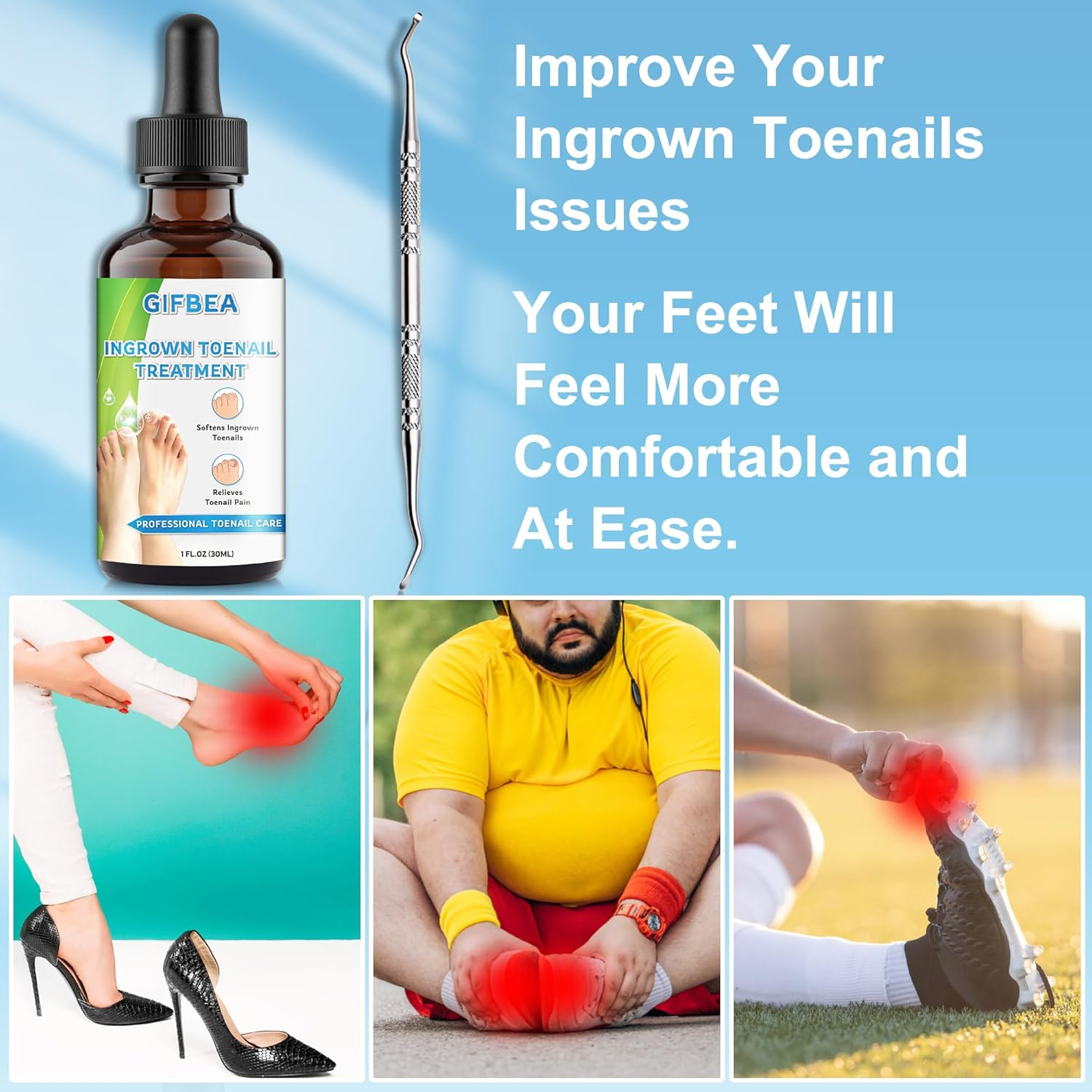 Ingrown Toenail Treatment W/Ingrown Toenail Drops Reliever & Softener,Double Sided Pedicure Nail Lifter Tool for Easy Trimming Care Thick Nail & Ingrown Toe Nail,Toenail Cleaner Kit for Men Women image number 4