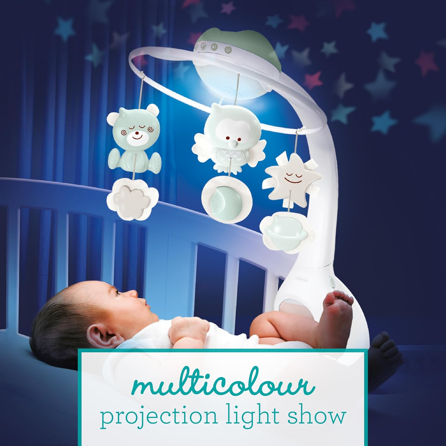 Infantino 3-In-1 Musical Mobile, Transformable Mobile into Projector and Night Light with Alarm Mode, 6 Integrated Melodies and 4 Sounds Nature, Sage