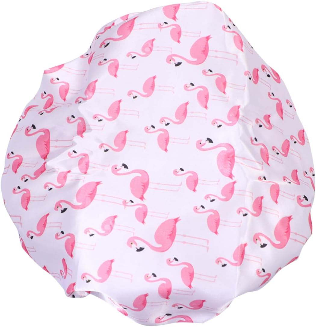 HONITANO Waterproof Shower Caps for Women 2Pcs Double Layer Peva Satin Bathing Hair Protective Hats Red Flamingo Print Adult Bath Caps for Daily Bathroom Use