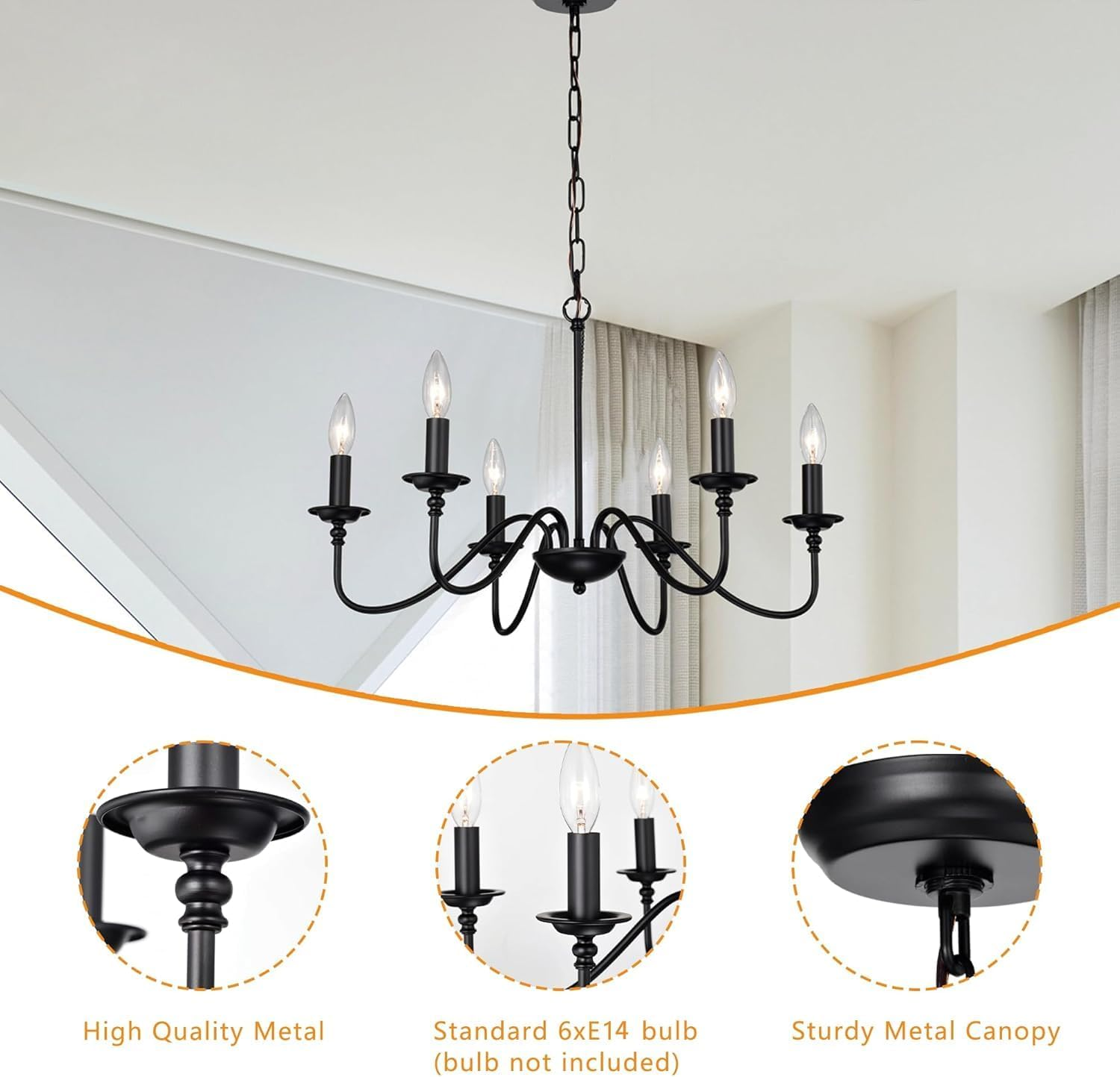 Black Farmhouse Chandelier 6-Light Candle-Style Chandeliers with Adjustable Chain, Rustic Metal Ceiling Light Fixture for Dining Room, Kitchen, Living Room or Entryway, E14 Base image number 5