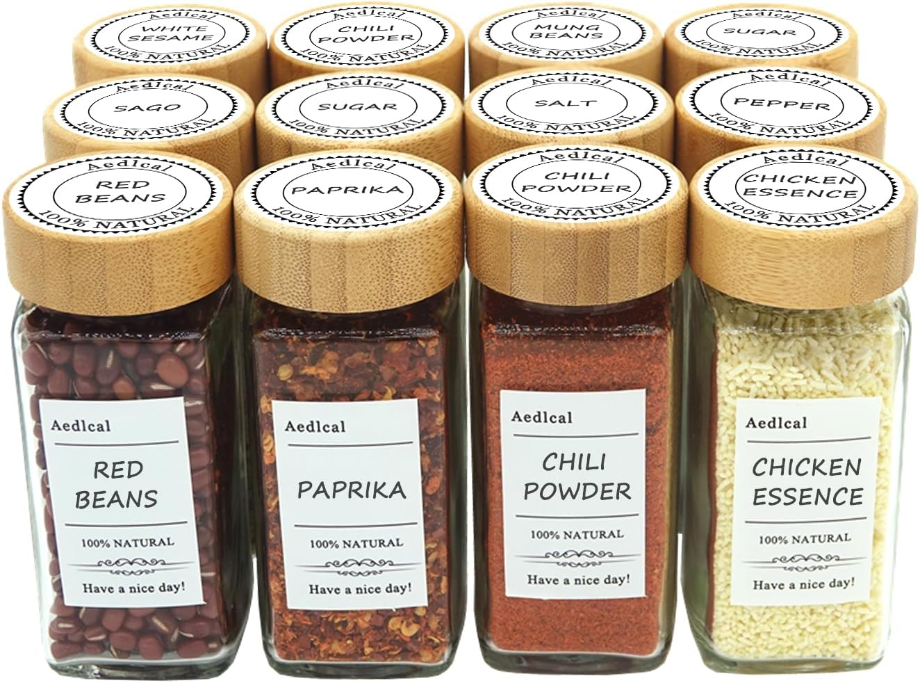 Aedlcal Glass Spice Jars, 6 Pack 4Oz Spice Containers with Bamboo Lids, Seasoning Containers for Kitchen Cabinet, Airtight Sealed Seasoning Storage Bottles with Labels, Shaker Lids, Brush, Funnel (12 Pack) image number 5