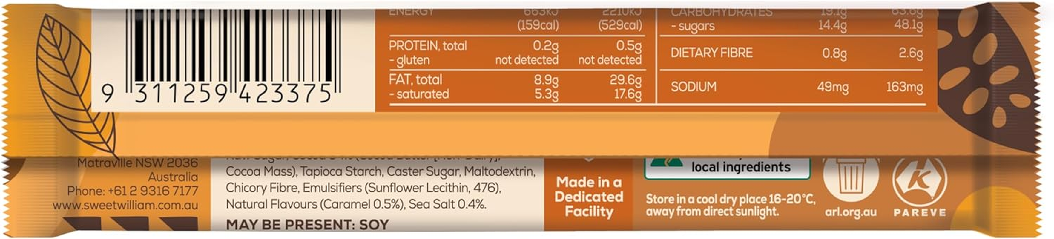 Sweet William Salted Caramel Bar, Sweet and Salty Delight, Individually Wrapped, Dairy-Free, Nut-Free, 30G image number 2