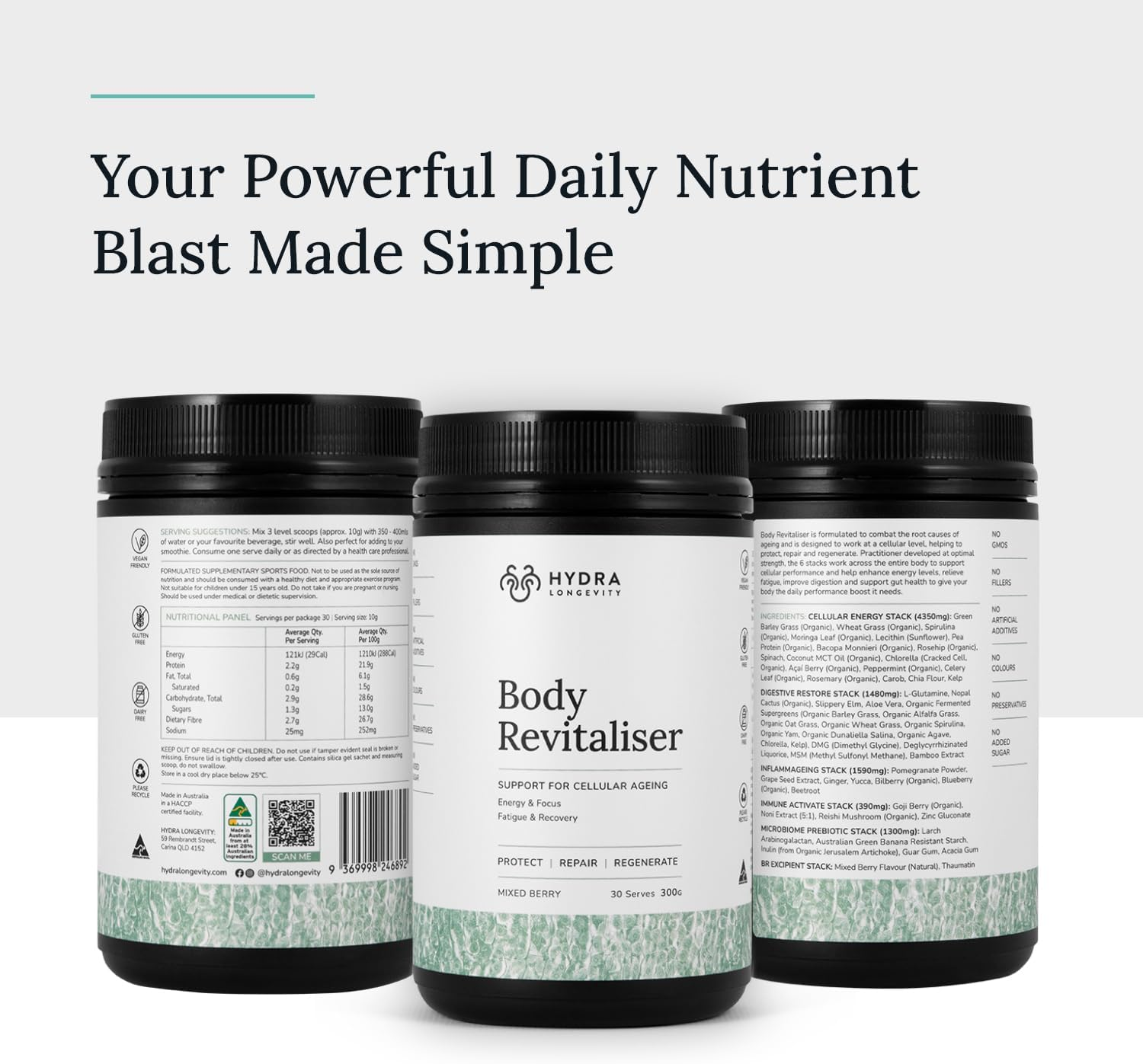 Body Revitaliser Organic Superfood Powder Health Supplement, 49 Ingredient Smoothie Mix with Prebiotics, Chlorella, Reishi, Vegan, Non-Gmo, Gluten-Free 300 Grams (30 Servings) image number 1