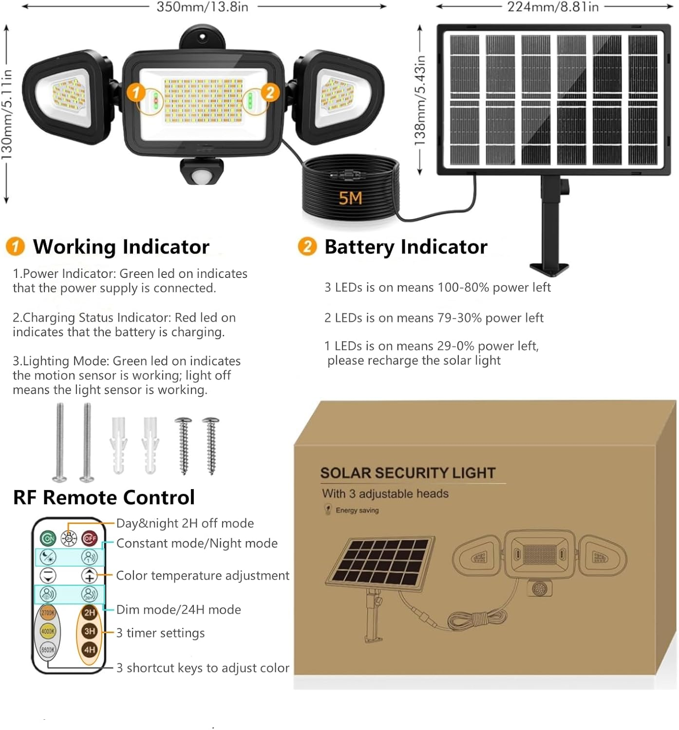 MEIKEE Outdoor Solar Lights, 3 Head Solar Motion Sensor Lights with Remote Control, IP66 Waterproof, 2000LM, Tunable 2700K-6500K, Separate Solar Panel with 5M Cable for outside Security Lighting image number 3
