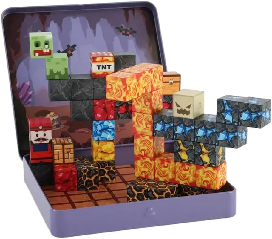 Portable Magnetic Blocks - with Iron Box,49Pcs Adventure Themed Magnetic Tiles,Build Mines Cave World Set,Travel Magnet Building Block,Travel Toys, STEM Constructiontoys for Boys & Girls Ages 3+ image number 1