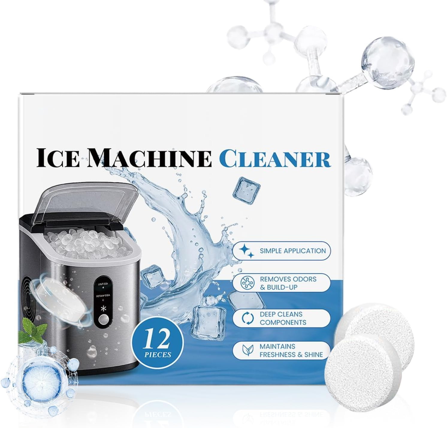 Ice Maker Cleaner - 12 Piece Ice Maker Cleaner Scale Remover,Descaling Tablets for Washing Remove Odor Elimination Icemaker Cooler Coffee Appliance Cleaning Supplies image number 1