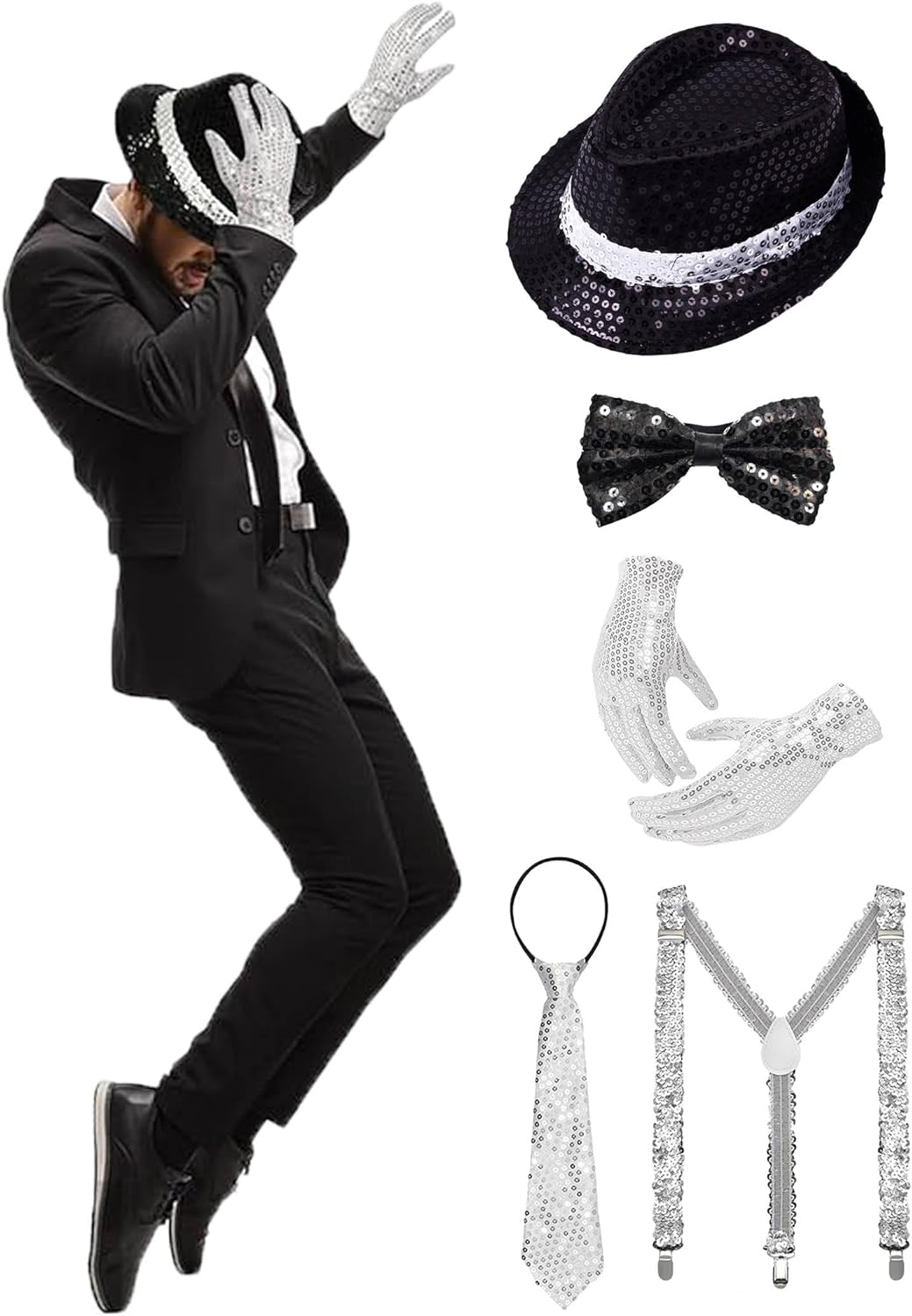 5Pcs MJ 80S Costume Accessories, 70S Disco Dancer Rocker Star Cosplay Set King of Pop Fancy Dress Set for 80 90S Theme Party Carnival Dance Halloween Party Cosplay image number 1