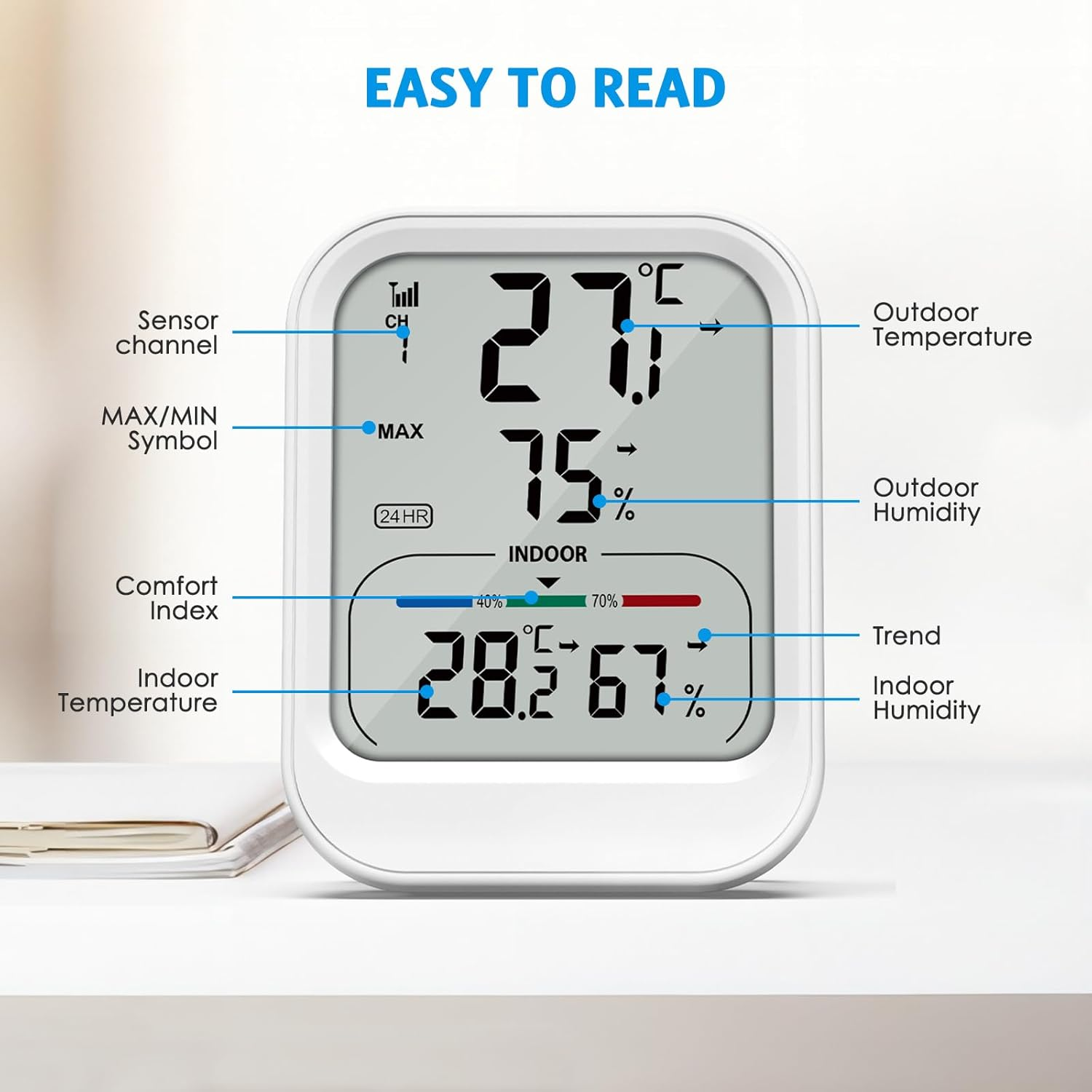 Brifit Digital Room Thermometer Hygrometer, Wireless Indoor Outdoor Thermometer with Sensor, Temperature Humidity Monitor Gauge with LCD Display, &deg;C/&deg;F Switch, MAX/MIN Record, for Home, Greenhouse image number 4
