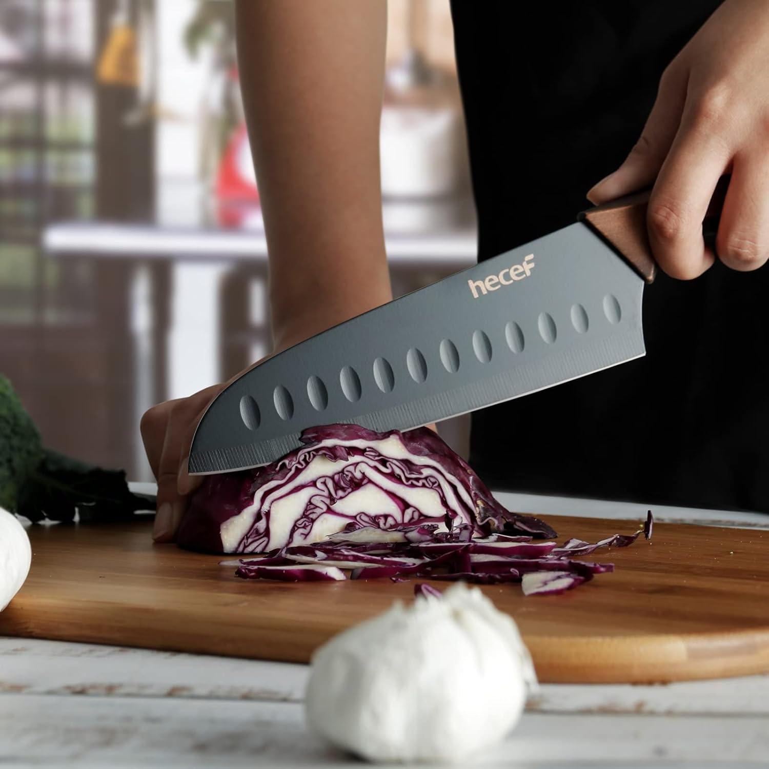 Hecef Kitchen Knife Sets Stainless Steel Non Stick Color Coating Blade Knives Includes 8'' Chef 8'' Bread 7'' Santoku 5''Utility and 3.5'' Paring image number 5