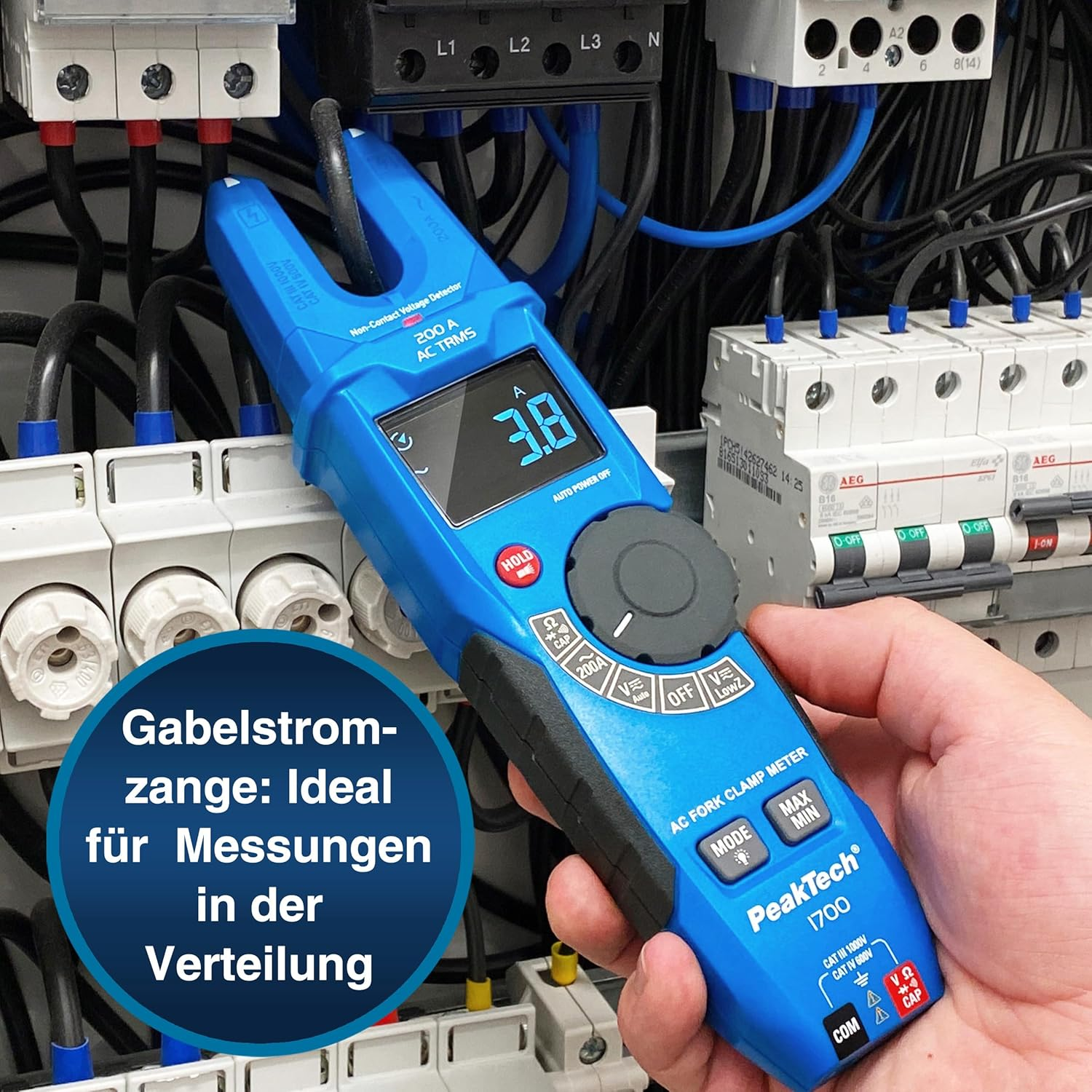 Peaktech P 1700 &ndash; True RMS Measurement Fork Clamp, 200A AC, 1000V, LCD Inverted, CAT III 1000 V, CAT IV 600 V, 6.000 Counts
