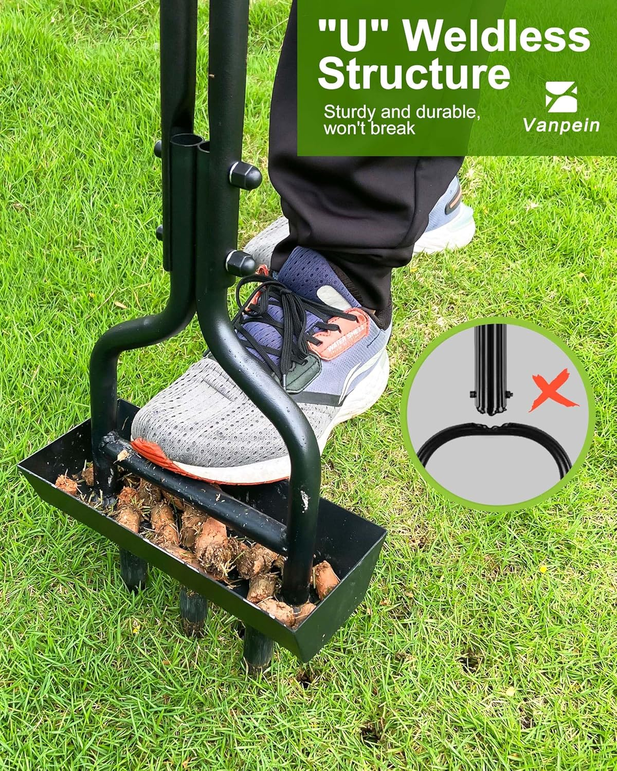 Vanpein Lawn Aerator Coring Garden Tool with Soil Core Storage Tray, Manual Yard Plug Aerators & Clean Tool, Grass Aeration Gardening Tools with 3 Tines for Lawn Care, Compacted Soil, 37.6&rdquo; image number 4