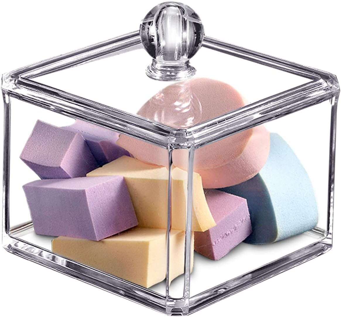 Modern Square Qtip Holder Acrylic Bathroom Vanity Countertop Storage Organizer Canister Jar for Cotton Swabs, Rounds, Balls, Makeup Sponges, Bath Salts - 1 Pack - Clear image number 5