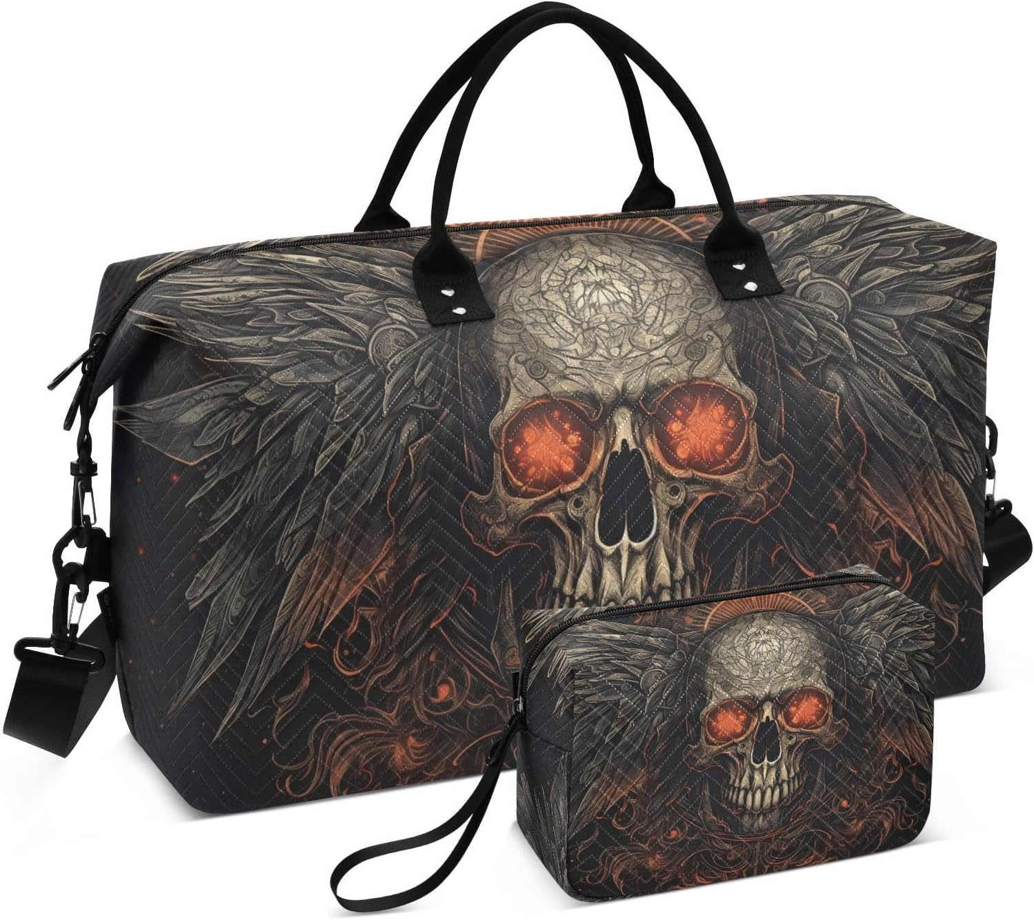 WOIWB Duffel Bag Set with Toiletry Bag for Travel Gym Sport, Luggage Sleeve Weekender Bag Carry on Overnight Bag-Gothic Skull with Wings Print, Multicolor, 20.5 X 7.9 X 13.8 Inches+9.1 X 3.5 X 5.9 image number 5