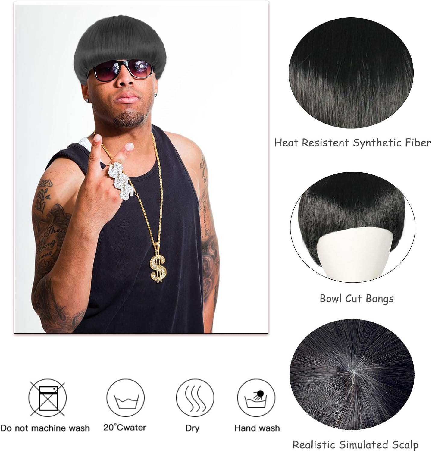 FOUNSHO Short Black Straight Wig for Men Women, Short Mushroom Wig with Full Bang Funny Bowl Cut Hairstyle, Men'S 60S 70S 80S Hair Costume Movie Role Play Fancy Dress Cosplay Party Halloween (Black) image number 2