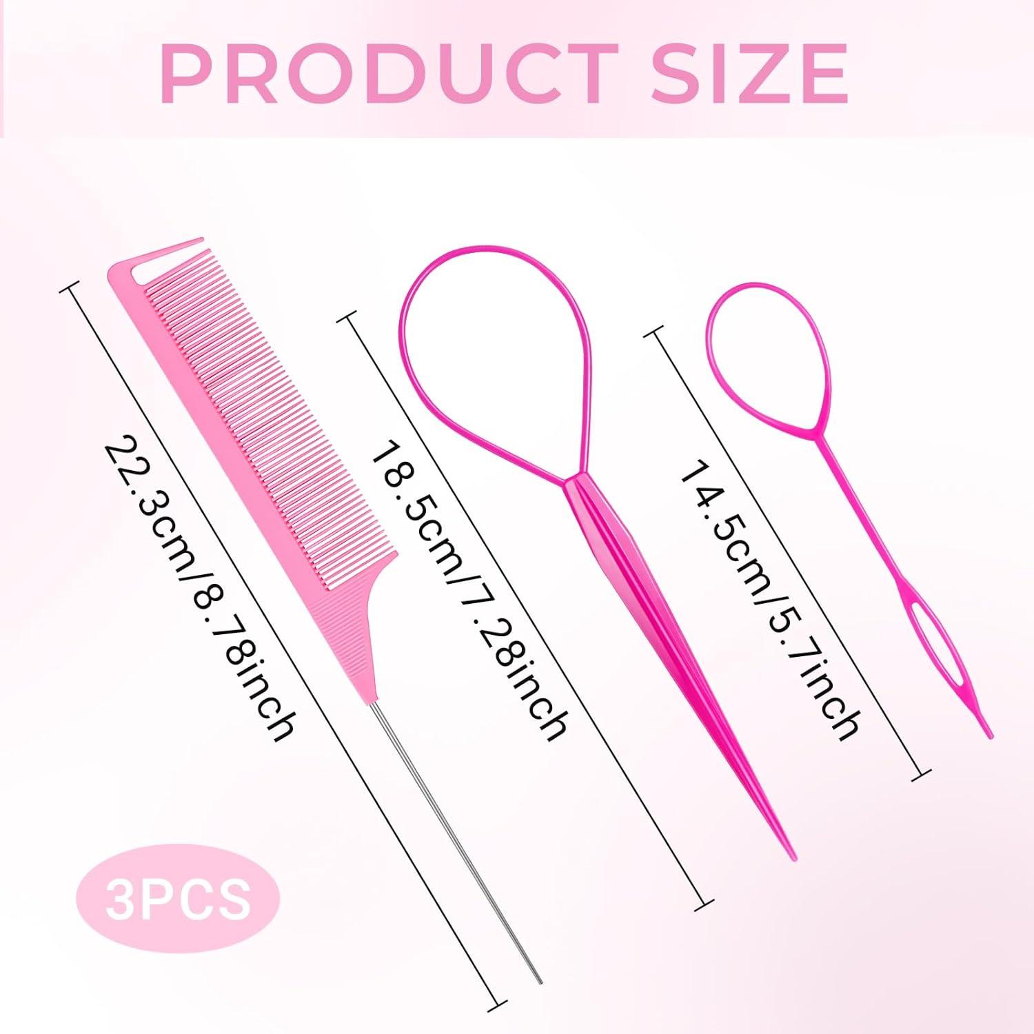 Wosyoodo Topsy Tail Hair Tool, Pink Hair Loop Pull through Tool, French Braid Loop Tool with Rat Tail Comb, Hair Braiding Tool for Making Women and Girls Hair Style image number 6