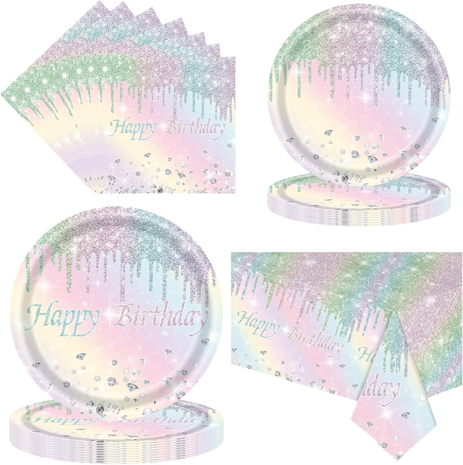 Diamond Birthday Party Supplies,Colorful Glitter Paper Plates and Napkins Tableware with Tablecloth,For Girls Women Birthday,Serves 25 Guests