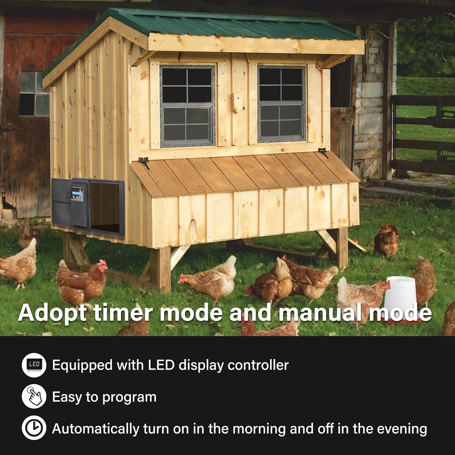 Automatic Chicken Coop Door with Programmable Timer, USB Charging, Anti-Pinch Waterproof & Anti-Trap Protection, LCD Display Door Opener, Chicken Doorsfor Fully Automatic Night Day Operation (Black) image number 1
