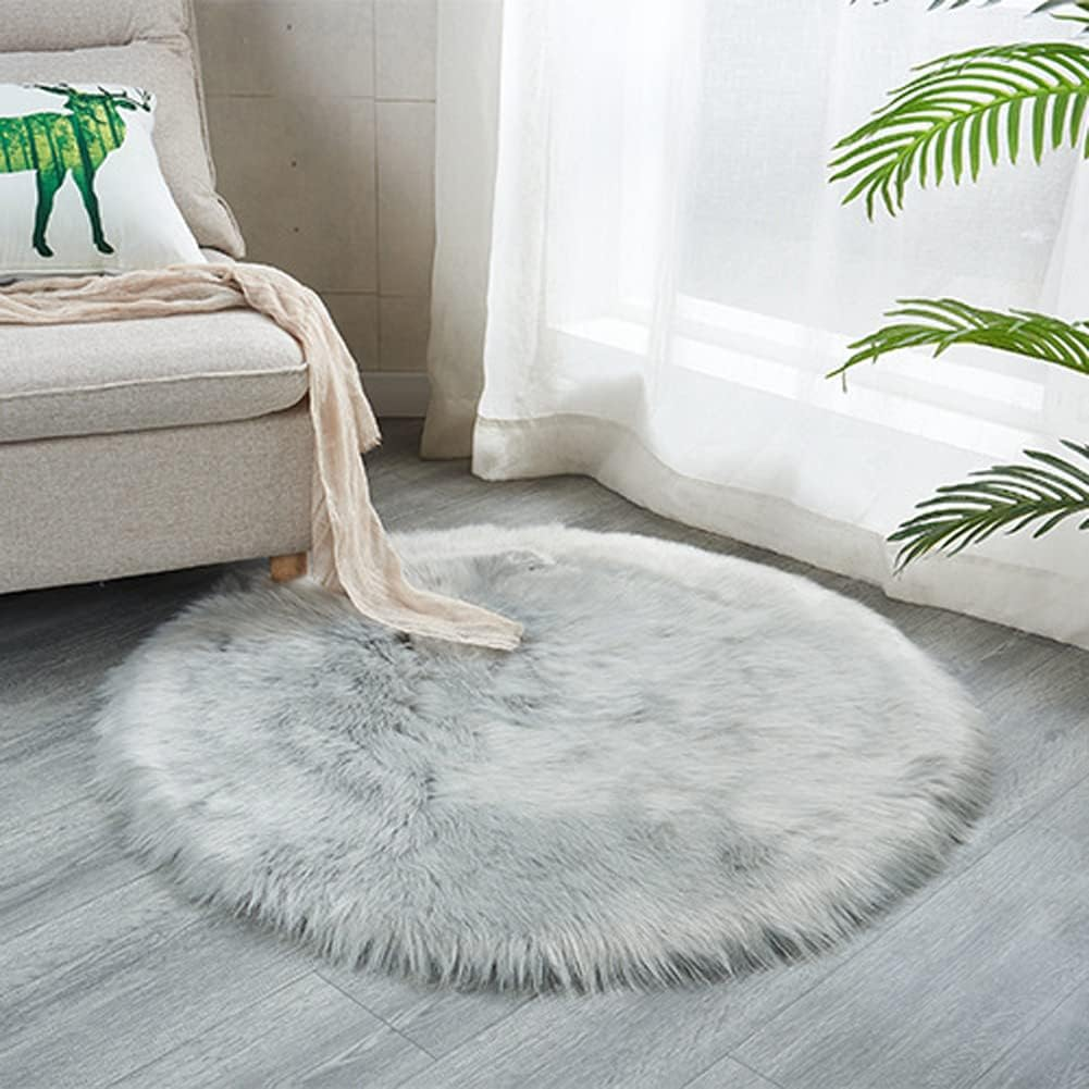 Soft Faux Sheepskin Fur Rug Fluffy Faux Fur Area Rug round Floor Mat Luxury Carpet Chair Cover Seat Pad for Holiday Chistmas Tree Skirt Shaggy Rug Bedroom Sofa Living Room (90Cm, White)