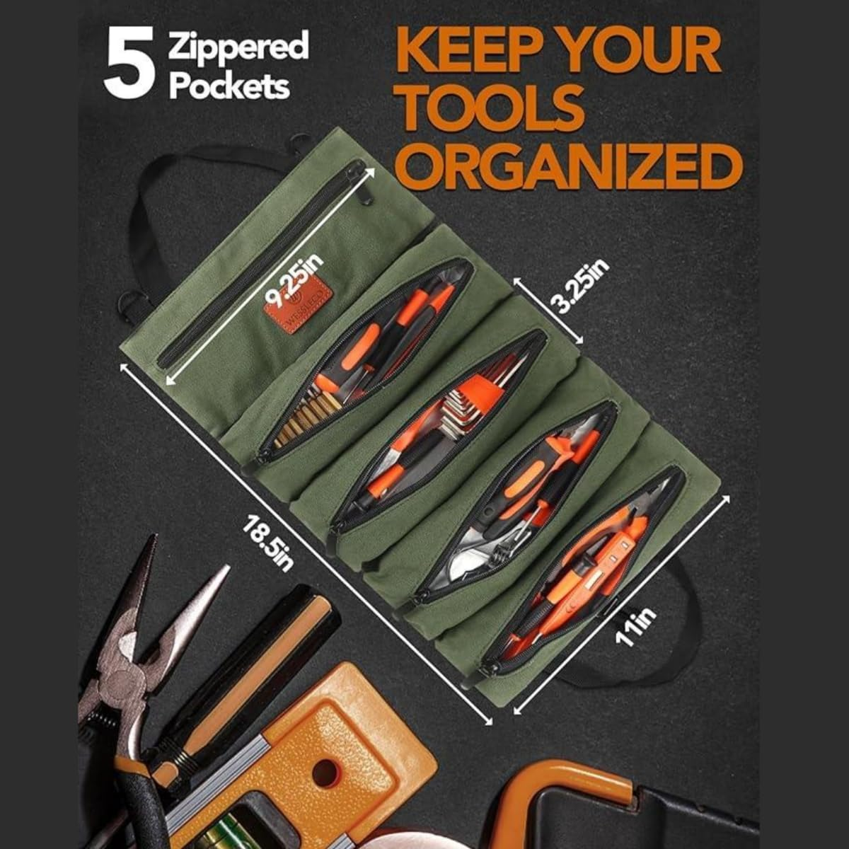 Roll up Tool Bag, 16OZ Canvas Wrench Roll up Pouch Multi-Purpose Tool Roll Organize, 5 Zippered Tool Pockets (Green) image number 1