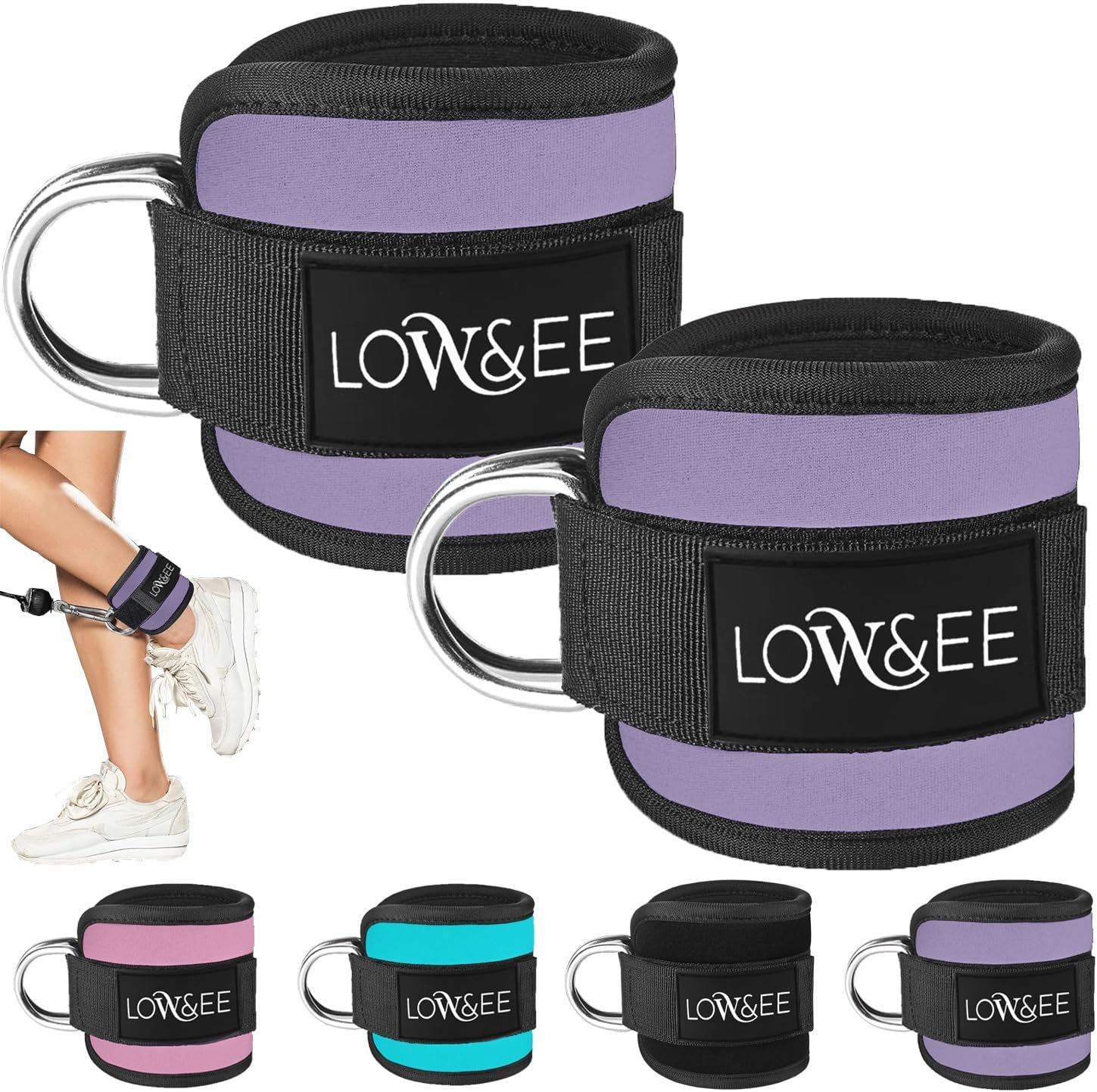 LOW&EE&reg; 2 Pack Ankle Pulleys Gym - Ankle Brace for Pulley Padded with Velcro for Women and Men - Gym Ankle Strap for Cable Machine Fitness and Gym - Gym - Cyan image number 4