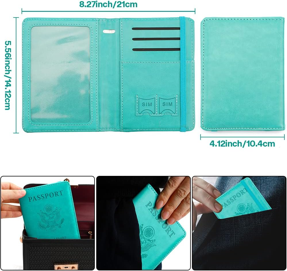 Passport Holder and Vaccine Card Holder, Passport Wallet Passport Cover with RFID Blocking, Lake Blue, Compact image number 6