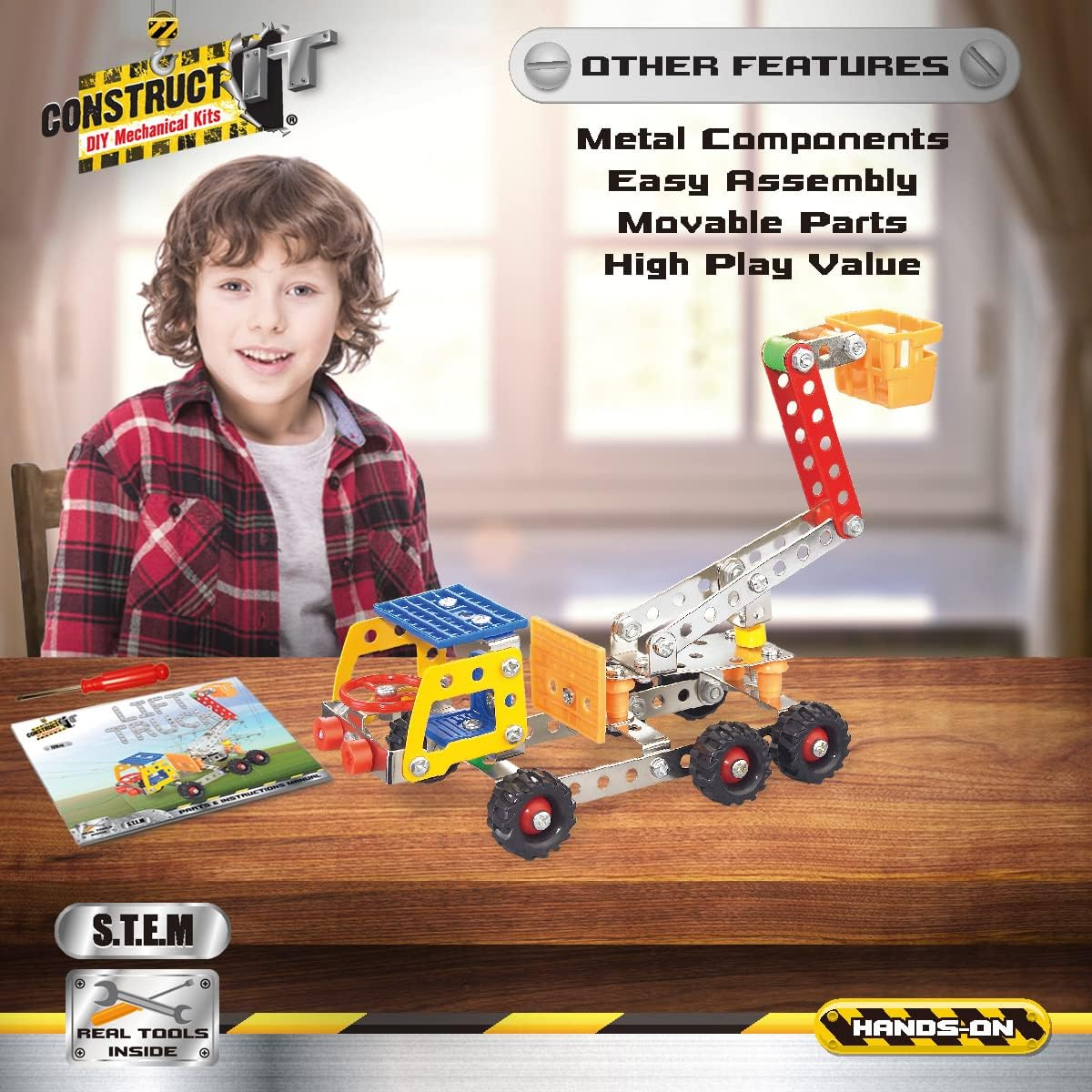 Construct IT Lift Truck &ndash; 120-Piece STEM Construction Kit &ndash; Build Your Own Metal Utility Vehicle &ndash; Creative Engineering Toy for Kids Ages 8&ndash;12 image number 4
